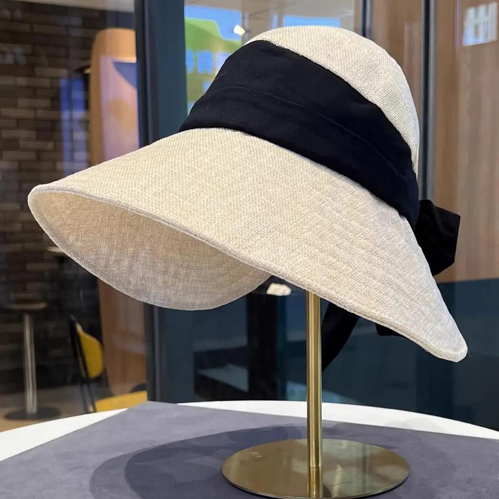 Japanese Cotton And Linen Big Eaves Bucket Hat For Women'S Summer Outdoor Sun Protection, Small Foldable Sun Hat