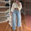 Women's Mock Neck Long Flare Sleeve Lace Kimono Irregular Long Cover Up Top