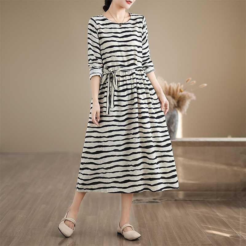 Striped Printed Round Neck Long Sleeve Tie Dress
