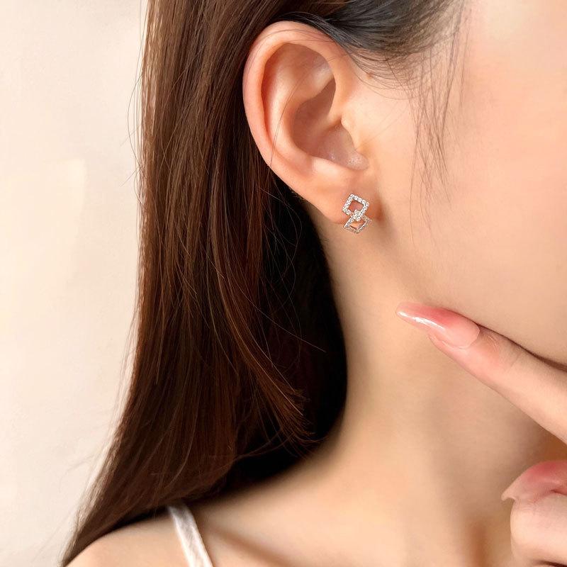 Diamond-in Square Earrings Square Connection Earrings Small Geometric Exquisite Earrings for Women