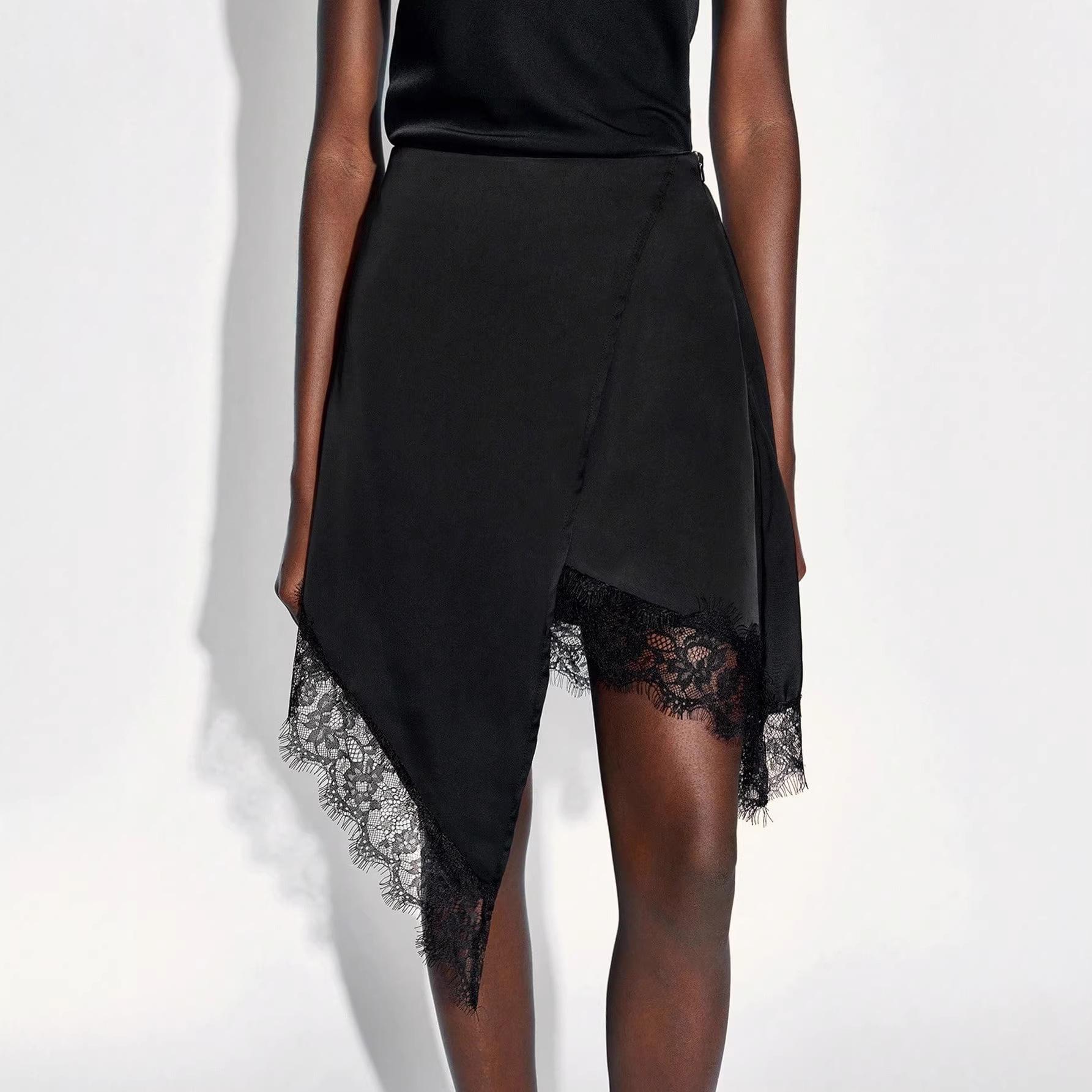 Новая асимметричная юбка А-силуэта, облегающая, из шелка, с пэчворком из кружева в виде снежинок, для стройности S чёрный
