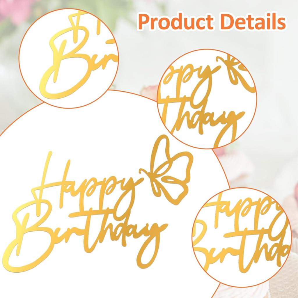 6 Pcs Flat Cake Toppers Gold Happy Birthday Cakes Topper Acrylic Cakes erts Flat Happy Birthday Decoration Sign Side Mirror for DIY Party Decorating