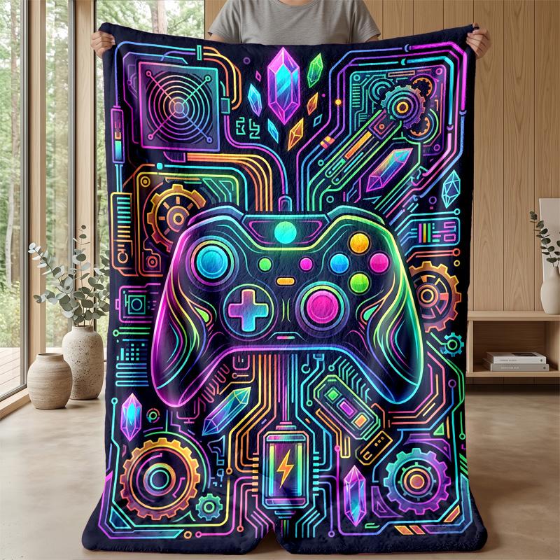 Neon Game Controller Tech Art Theme blanket Lightweight Warm Flannel Blanket Decorative Throw Blanket for Home Decoration