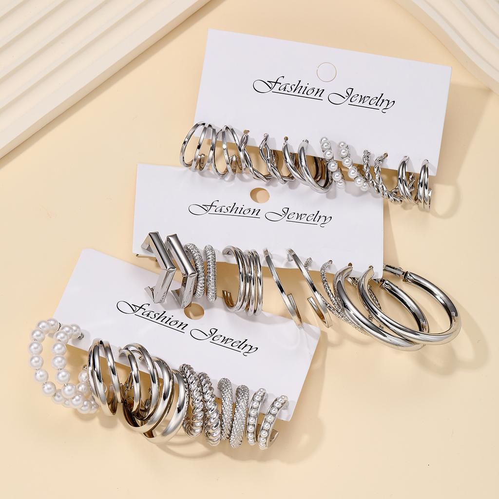 18 Pairs Silver Color Pearl Twist Hoop Earrings Set Vintage Metal Circle Geometric Earrings for Women 2024 Trendy Jewerly Gifts