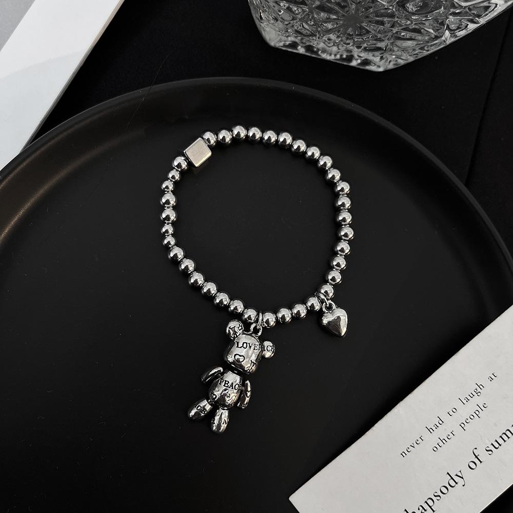 Mechanical Bear Heart Elastic Beaded Couple Bracelet - Stainless Steel Jewelry