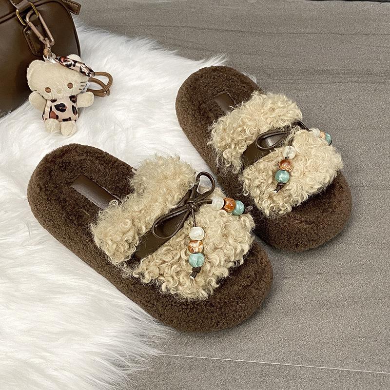 Bow thick-bottomed fluffy slippers for women's 2025 winter new outer wear one-word drag Internet celebrity plush cotton slippers atmosphere