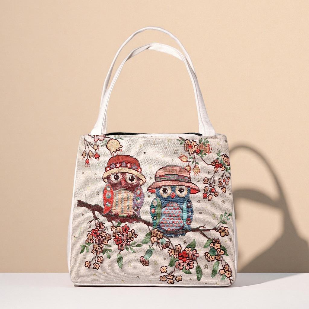 Panda Pattern Canvas Handheld Bag With Embroidery For Casual Day Use