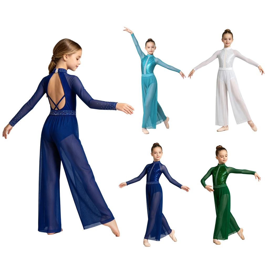 Mädchen Lyrical Tanzkostüm 2-teilig Langarm Rückenfrei Pailletten-Leotard Strass-Taille Weitbeinige Netzhose für Wettkampf