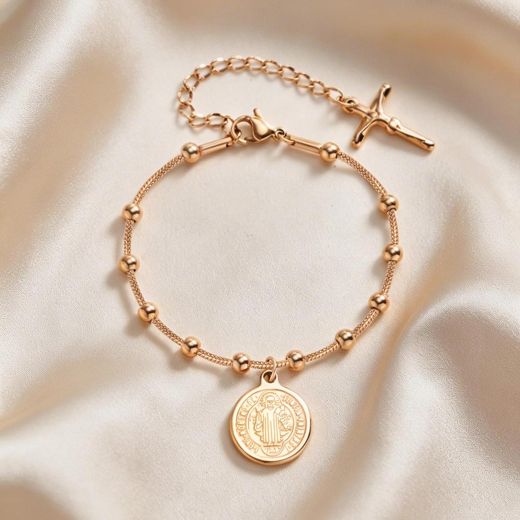 Vnox Rosegold plattiertes Edelstahl St. Benedikt Medaille Armband für Damen, Zweifarbiges Rosenkranz Kreuz Perlen Round Snake Armbänder