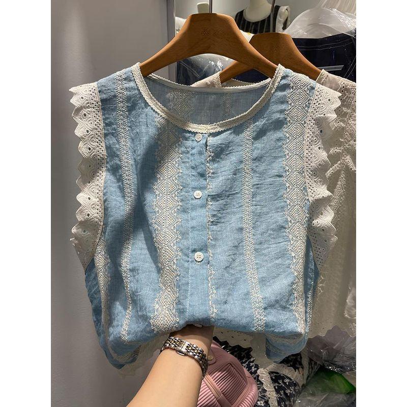 

French Style Lace Lace Stripes Vest Shirt Women s Summer Stylish Korean Style Chic Beautiful Sleeveless Small Shirt Top