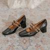 Fashion 2025 Women Heels Shoes Spring Double Buckle Square Toe Mary Jane Shoes Autumn Woman Patent Leather Thick High Heels Dress Shoes
