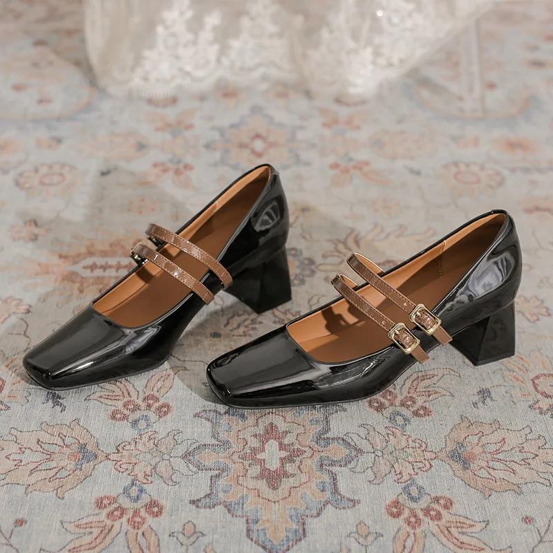 Fashion 2025 Women Heels Shoes Spring Double Buckle Square Toe Mary Jane Shoes Autumn Woman Patent Leather Thick High Heels Dress Shoes