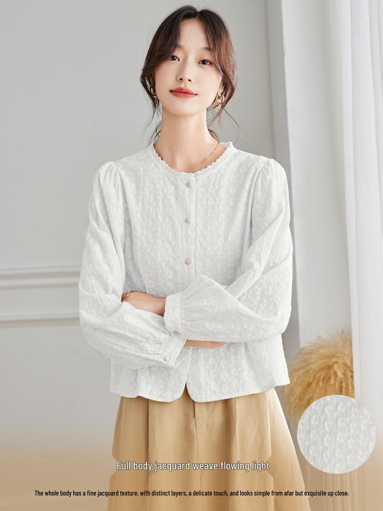 Women's Long Sleeve Embroidered Shirt - New Chinese Style, Apricot Round Neck, 2025 Autumn Collection