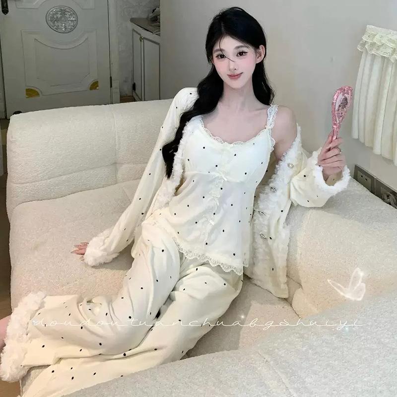 Autumn and Winter New Island Velvet Sexy Pure Desire Pajamas Women's Suspender Trousers Long-sleeved Loungewear Three-piece Set Can Be Worn Outside