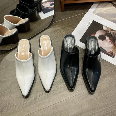 Fashion 2024 Spring Summer New  Slippers Sexy Pointed Toe Slip On Shoes  Mules Female Fashion Thick Heel Outdoor Dress Sandals