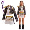 Girls Sequin Hip Hop Dance Outfit Set Crop Top Jacket Shorts with Purple Braid Wig Kids Jazz Stage Costume