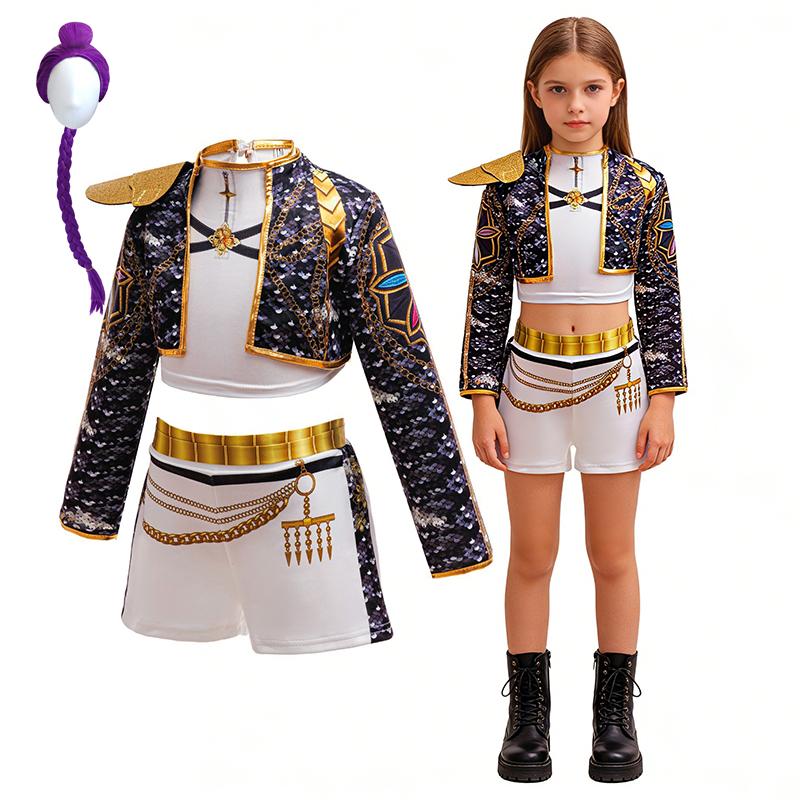 Girls Sequin Hip Hop Dance Outfit Set Crop Top Jacket Shorts with Purple Braid Wig Kids Jazz Stage Costume