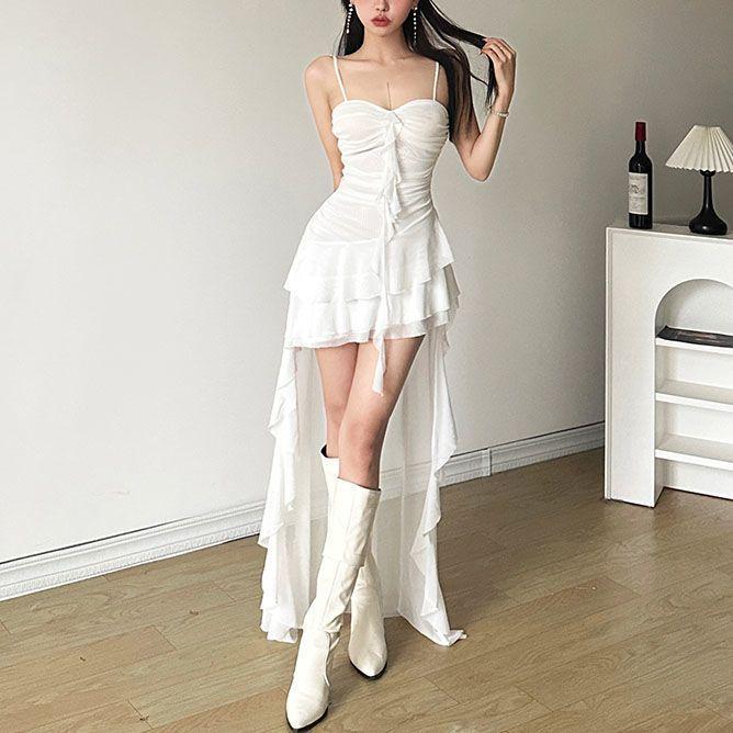 French Suspender White Irregular Gauze Dress Summer New Ruffle Mesh Slim One-word Shoulder Skirt