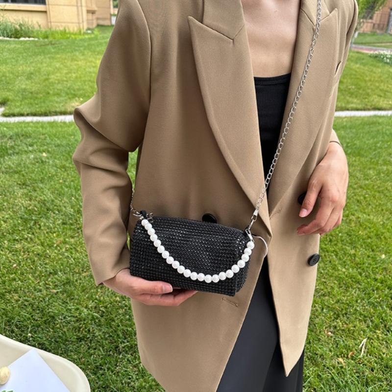 Fashion Rhinestone Shoulder Bag Pearl Chain Bag Phone Pouch Zipper Crossbody Bag Or Women Handbag