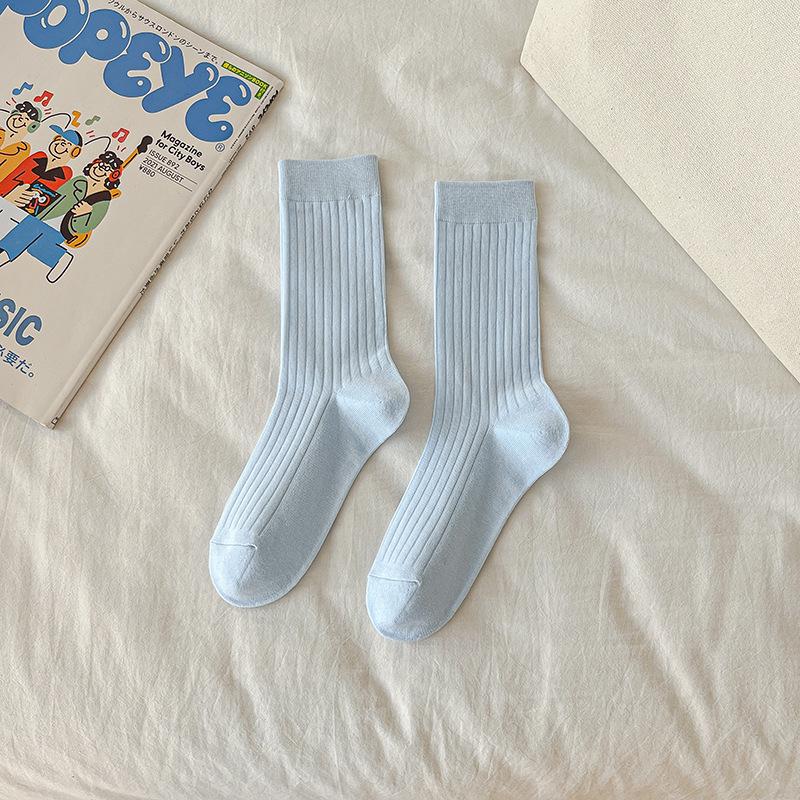 Female Summer Thin Simple Pure Color All Build Vertical Bar Wicking High Tube Cotton Socks