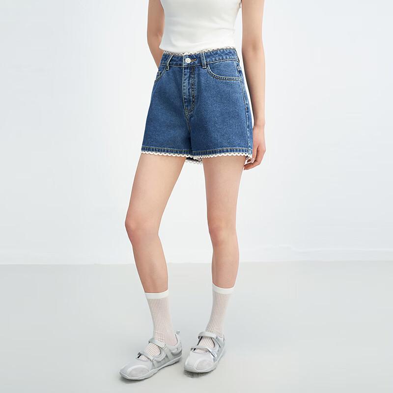 LED'IN Damen Retro A-Linie Jeans-Shorts mit Spitzenbesatz