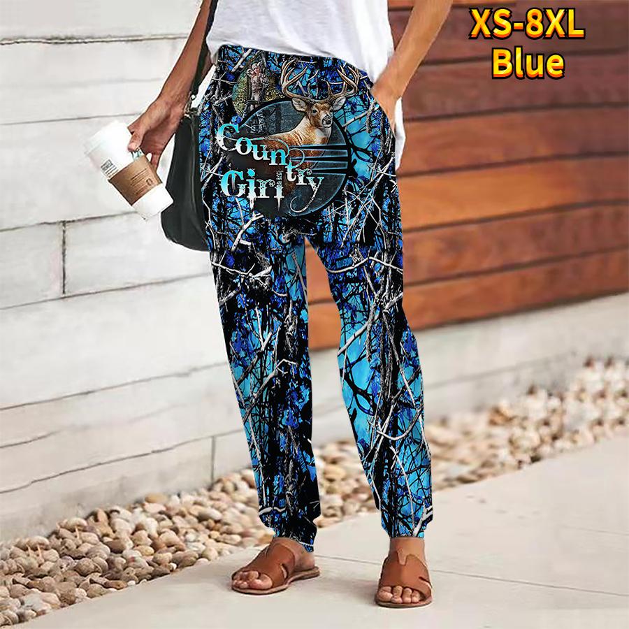 Women Flower Printing Pants Lace Up Elastic Waist Loose  Trousers Casual Long Pants Trousers with Pockets