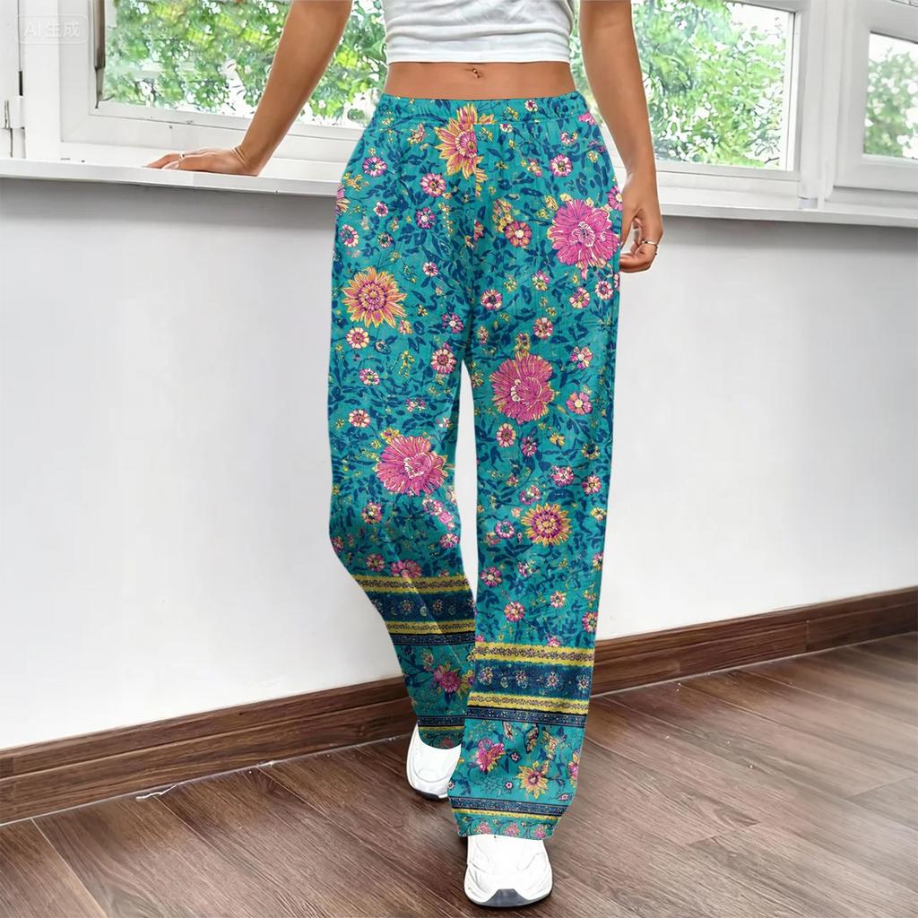 Women Capri Pants Casual Tropical Floral Print Elastic High Waist Drawstring Loose Fit Summer Beach Cropped Trousers