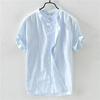 Men's Dark Blue Stand-Up Collar Linen Shirt: Short-Sleeved, Retro, Breathable, Casual, Japanese Style