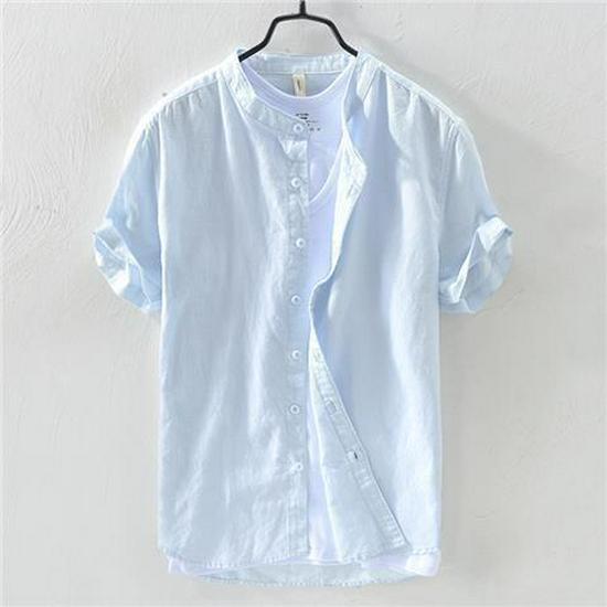 Men's Dark Blue Stand-Up Collar Linen Shirt: Short-Sleeved, Retro, Breathable, Casual, Japanese Style