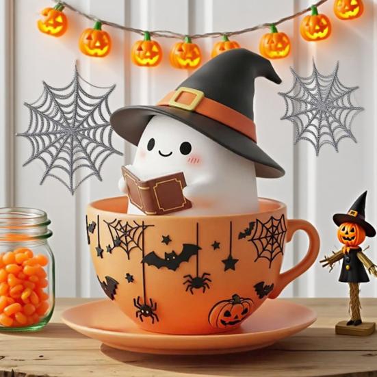Halloween Ghost Teacup Figurine Witch Hat Reading Ghost Statue Resin Sculpture Home Office Holiday Party Desktop Decoration Ornament