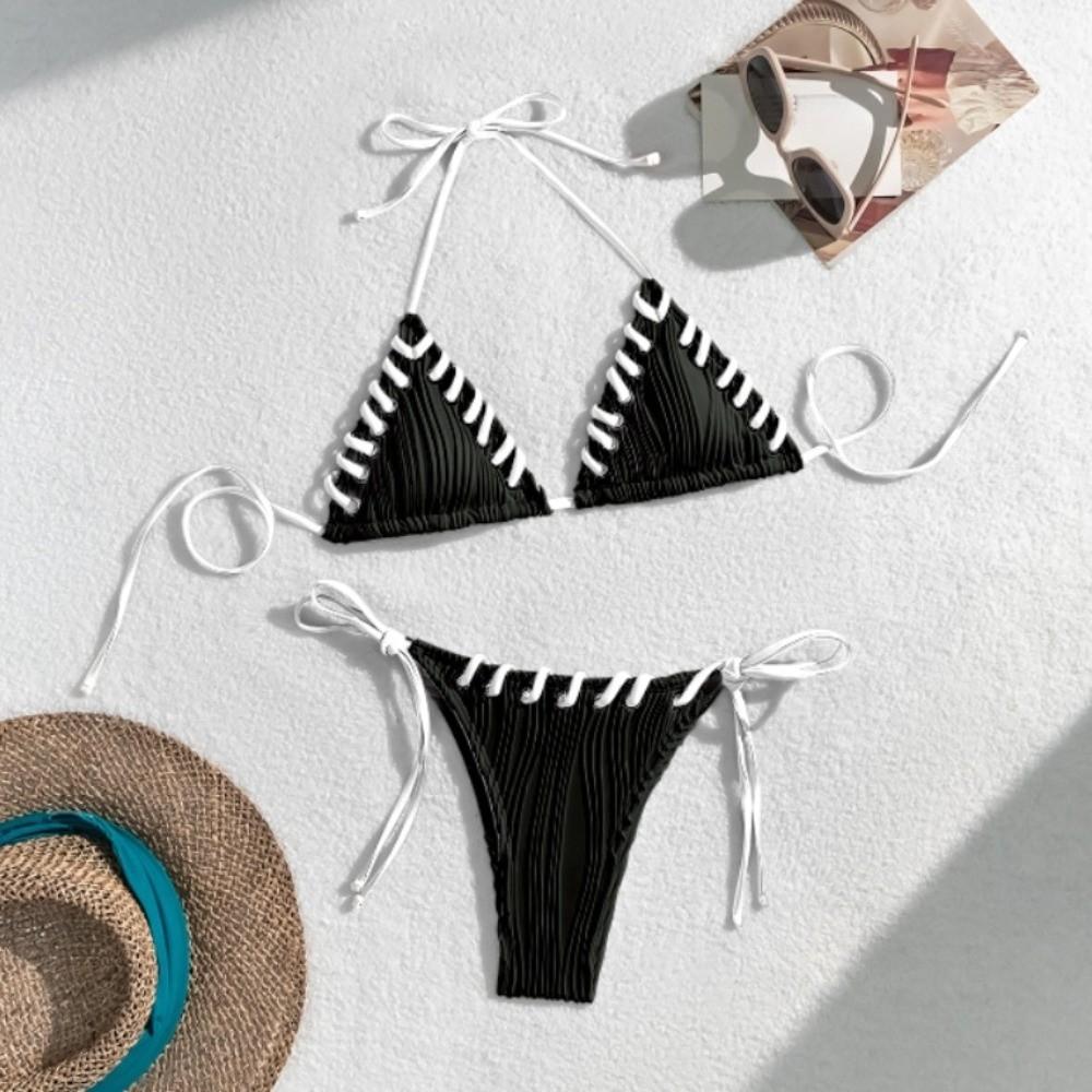 Set Costum de Baie cu Volane Șiret la Gât Tip Halter Costum de Baie cu Bretele Costum Bikini la Modă Piscină