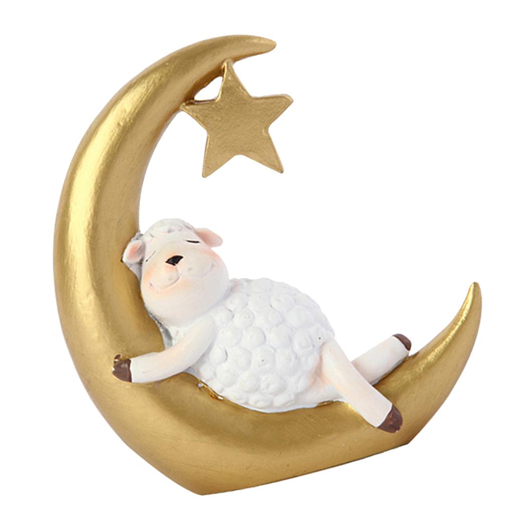 Animal Sculptures Sheep Sleepings On Crescents Moon Figurines Table Ornament Resin Moon Sheep Statue Home Office Decors