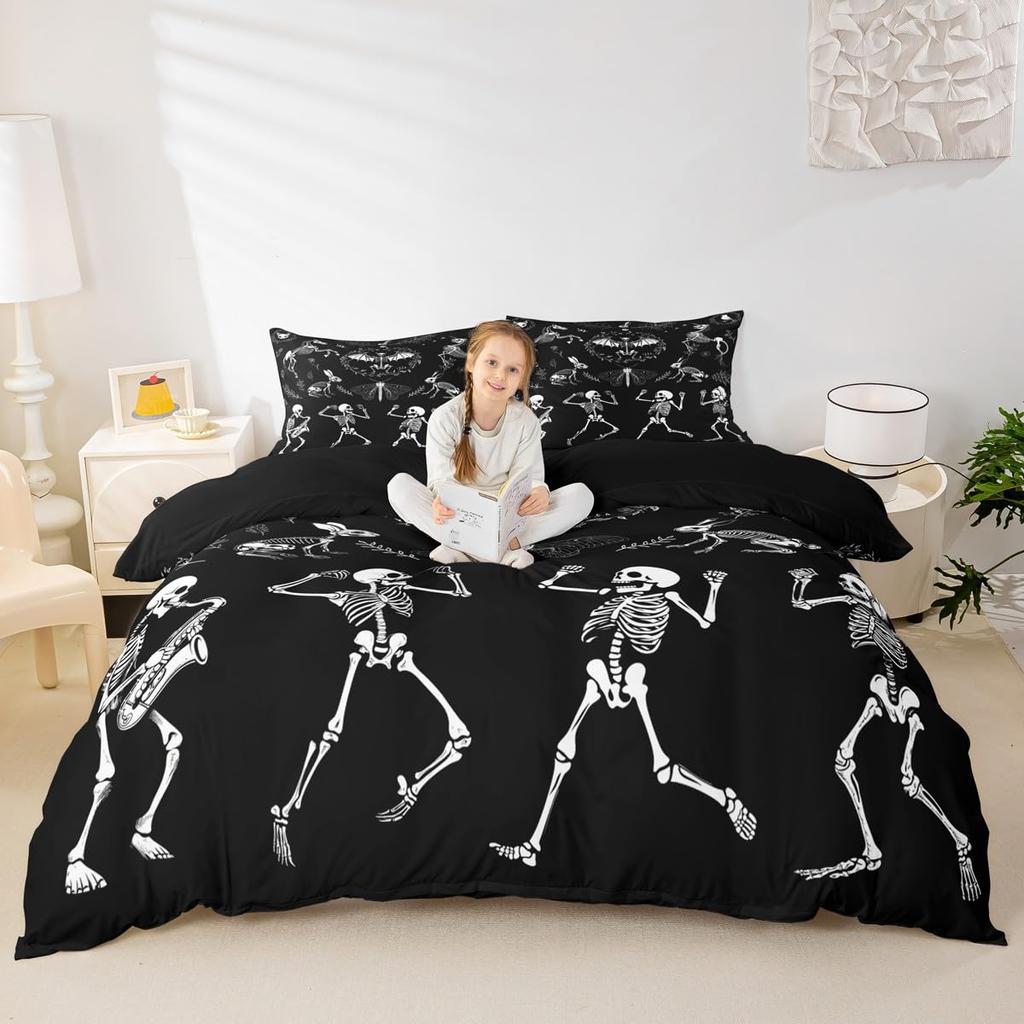 Erosebridal Sugar Skull Comforter Cover Set Skeleton Bones Duvet Cover,Gothic Moth Decor Bedding Sets Twin Magic Unicorn Rabbit Skulls Beddi