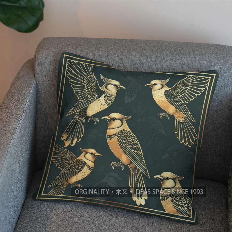 2D Golden Birds Pattern Decorative Pillow Cover Pattern Cushion Cover Suitable For Sofa Bedroom Car Pillow Cover