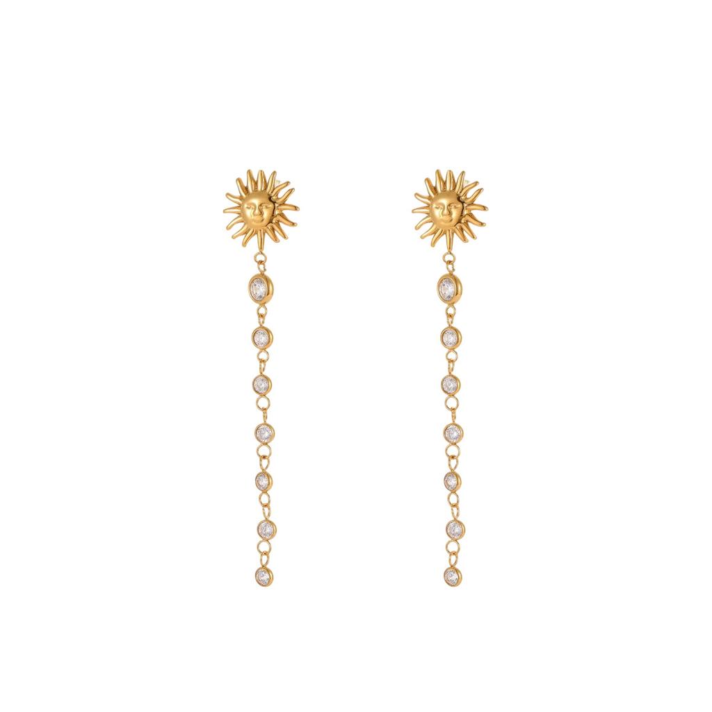 GEMCHIC Women's 18K Gold Stainless Steel Smiley Sun Zircon Tassel Earrings Fashion Light Luxury