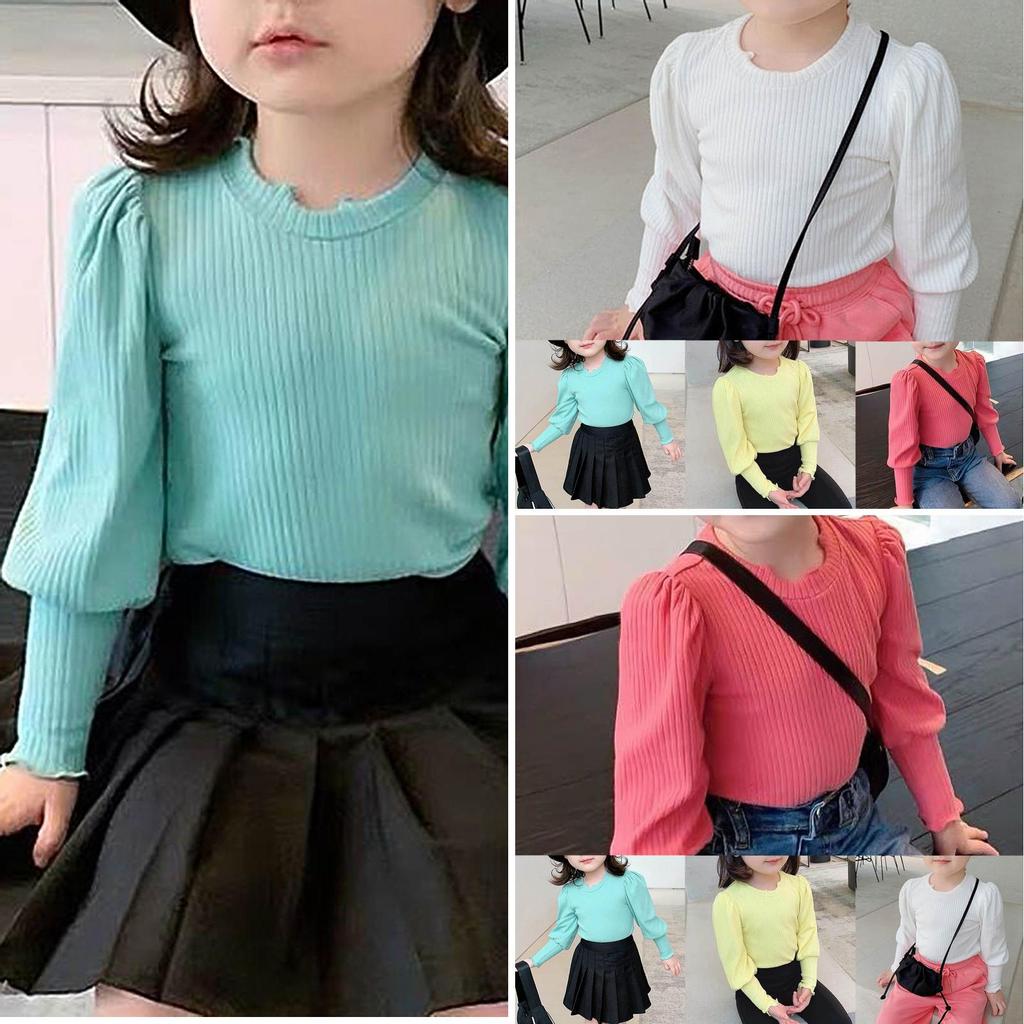 Candy Color Fashion Baby Girls Rib Long Puff Sleeve Irregular Lovely O Neck Spring Autumn Knitted Sweater