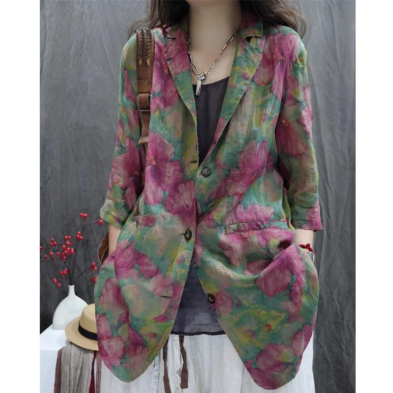 2026 New Style Women's Cotton-Linen Retro Printed Loose-Fit Casual Long Sleeve Suit