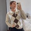 European & American Autumn Neutral Style Casual Diamond Jacquard Lapel Sweater for Women