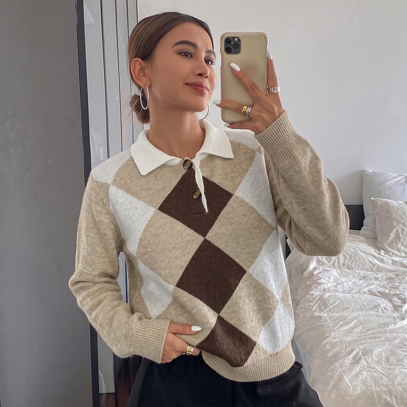 European & American Autumn Neutral Style Casual Diamond Jacquard Lapel Sweater for Women