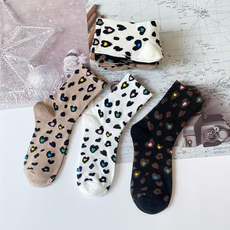 Leopard Print Ribbed Mid-Calf Socks for Women - Autumn/Winter Two-Stripe Casual Design