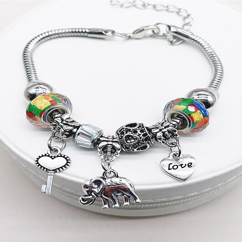 

Adjustable Beaded Bracelet with Elephant Heart Key Charm DIY Handmade Jewelry for Women Girls Gift