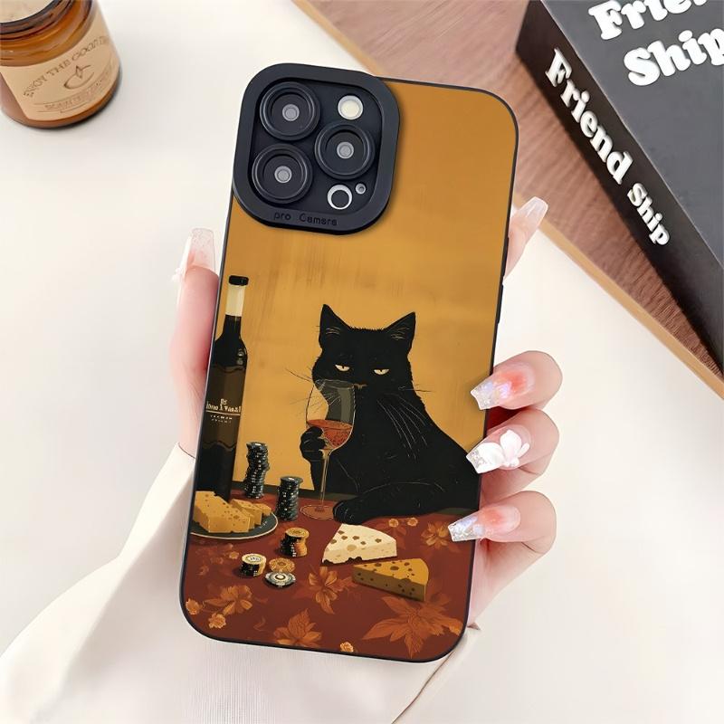 Black Cat Enjoys Wine Phone Case Suitable for iPhone 17, 16, 15, 14, 13, 12, 11 Pro/Max/Plus Anti Drop and Anti Shock Back Cover