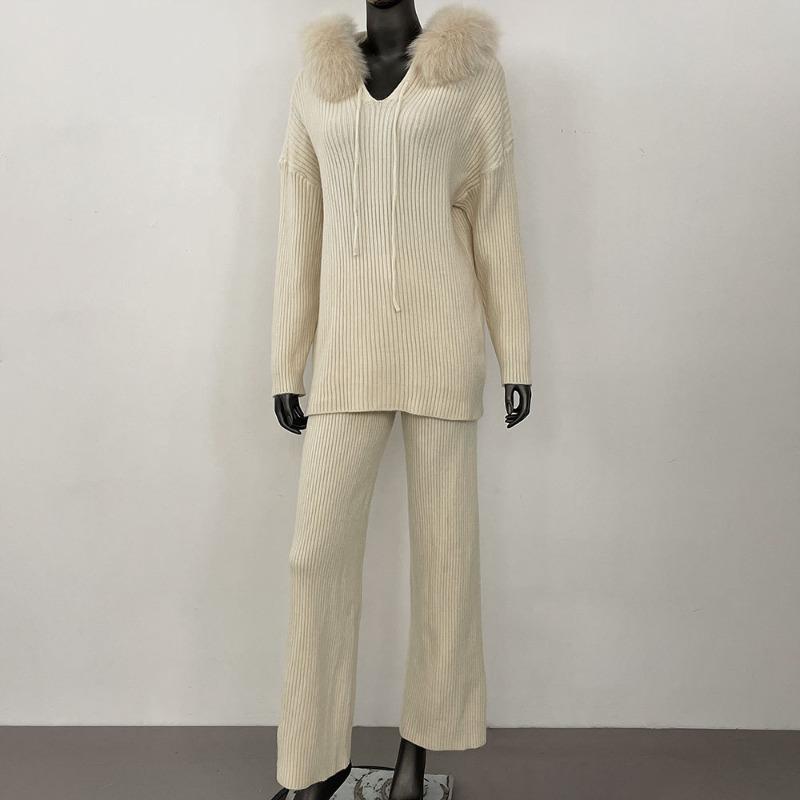 

Женский весенне-осенний вязаный кардиган, свитер, брюки, костюм-двойка из лисьего меха в стиле кэжуал One size бежевый
