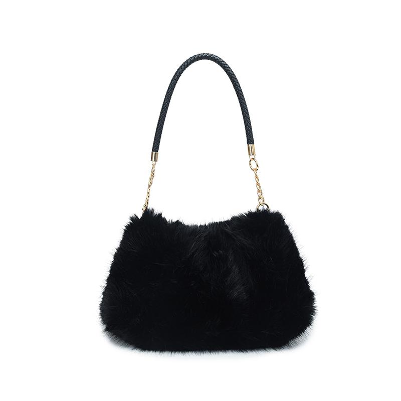 Women Faux Fur Shoulder Bag Soft Fluffy Plush Hobo Handbag with Chain Strap,Autumn Winter Fashion Ruched Underarm Bag Casual Daily Shopping Crossbody