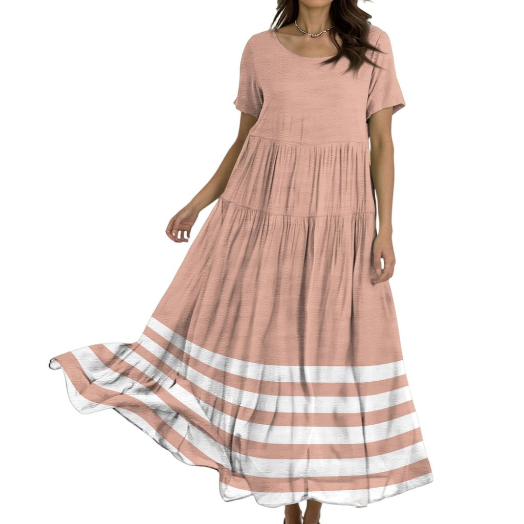 Women's Casual Loose Bohemian Striped Printed Short Sleeve Dress