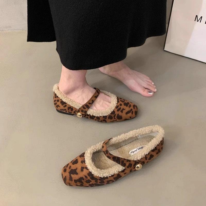 Fashion Flats Shoe for Women's New Autumn and Winter French Velvet Leopard Print Shallow Mouth Retro Flat Mary Jane Shoes Ladies