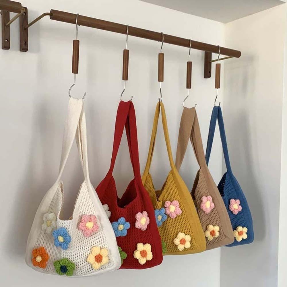 Sweet Knitted Tote Bag Breathable Seaside Vacation Handbag Storage Bag Crochet Shoulder Bag School