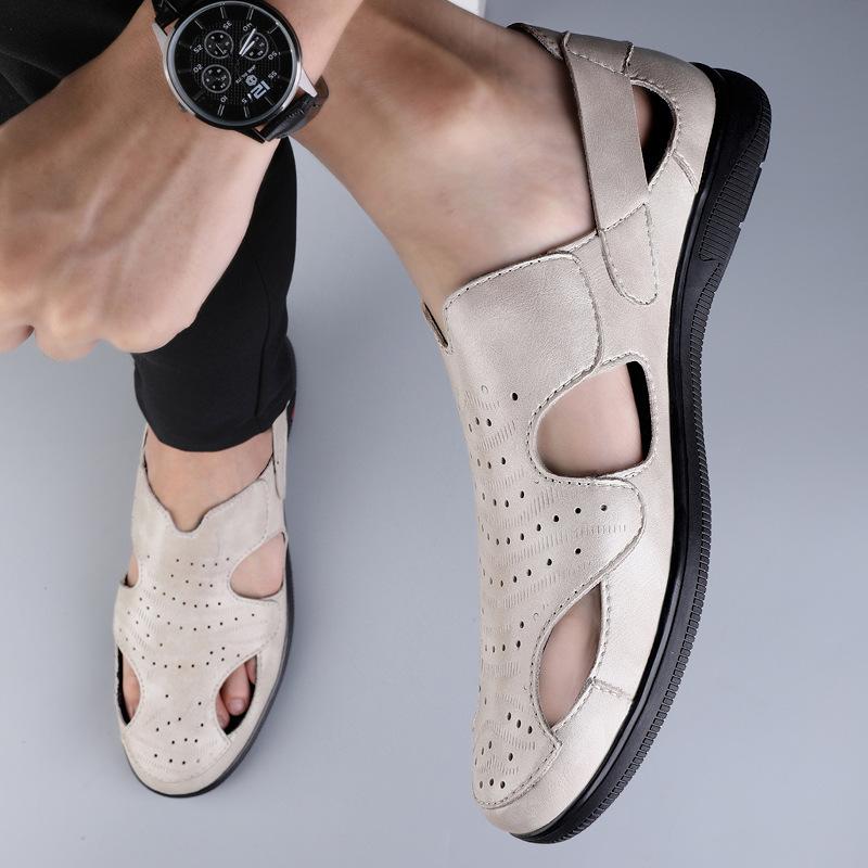 

Мужская обувь высокого класса 2025 лето новая мужская для активного отдыха и путешествий перфорированная дышащая дезодорирующая нескользящая удобная полая кожаная обувь 46 бежевый