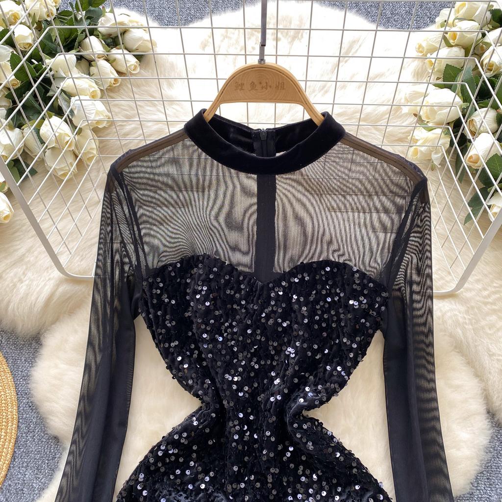 Moteriška šviesi prabangi tinklinio audinio suknele su blizgučiais Moteriška plona plona suknelė vakarienės vakarėliui