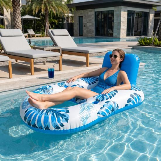 Inflatable Pool Float Mat with Mesh Seat Backrest Tropical Leaf Print Foldable Beach Lake Float Raft Water Lounger Adults Swimming Pool Sun Tanning